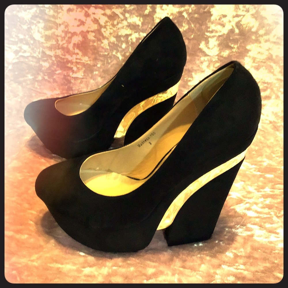 Henry Ferrera Black Suede Wedges w/Gold Trim